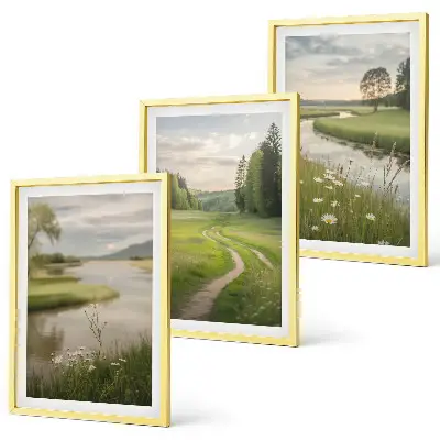 Three-piece wall art set summer landscape with river and wildflower meadow