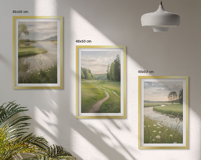 Three-piece wall art piece Landscapes of summer, river, meadow of flowers