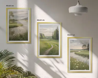 Three-piece wall art set summer landscape with river and wildflower meadow