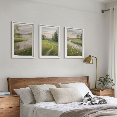 Three-piece wall art piece Landscapes of summer, river, meadow of flowers