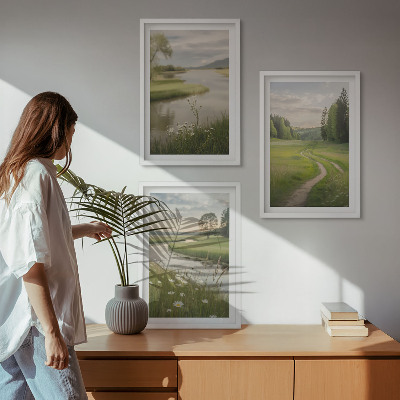 Three-piece wall art piece Landscapes of summer, river, meadow of flowers
