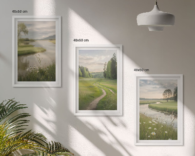 Three-piece wall art piece Landscapes of summer, river, meadow of flowers