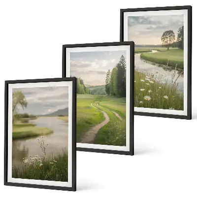 Three-piece wall art set summer landscape with river and wildflower meadow