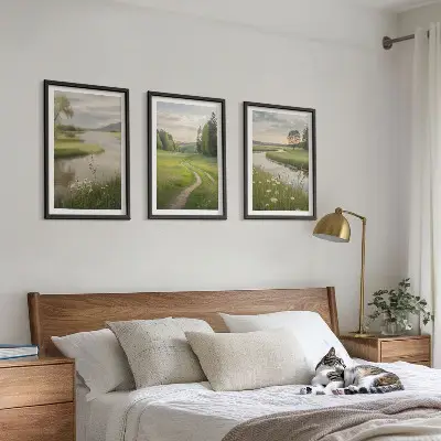 Three-piece wall art set summer landscape with river and wildflower meadow