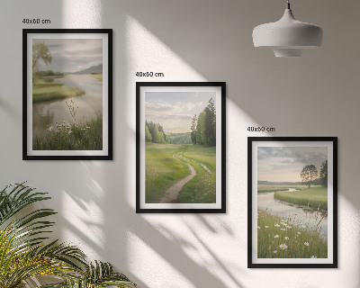 Three-piece wall art piece Landscapes of summer, river, meadow of flowers