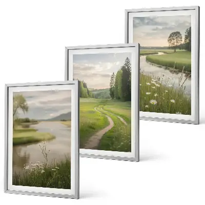 Three-piece wall art set summer landscape with river and wildflower meadow