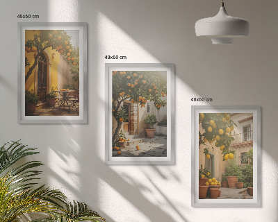 Set of 3 framed wall art pieces Sunny patio citrus pots
