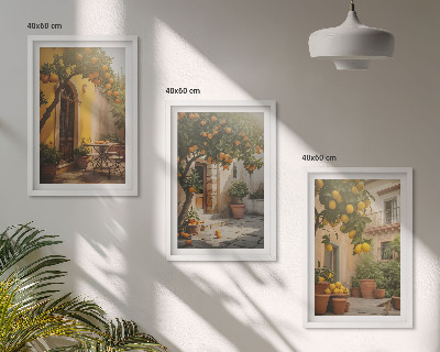 Set of 3 framed wall art pieces Sunny patio citrus pots