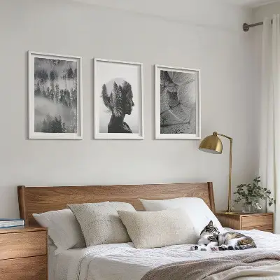 Set of 3 framed wall art pieces featuring a forest fog portrait with trees and dandelions