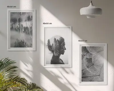 Set of 3 framed wall art pieces featuring a forest fog portrait with trees and dandelions