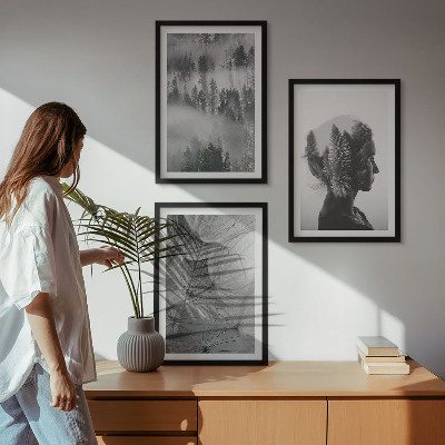 Set of 3 framed wall art pieces Forest fog portrait tree dandelion