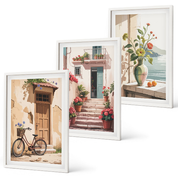 Set of 3 framed wall art pieces Streets, flowers and bicycles