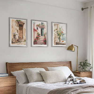 Set of 3 framed wall art pieces Streets, flowers and bicycles