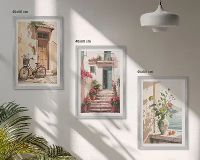 Streets, flowers and bicycles wall art set of 3 framed pieces