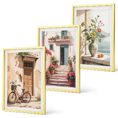 Set of 3 framed wall art pieces Streets, flowers and bicycles
