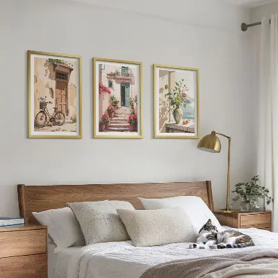 Streets, flowers and bicycles wall art set of 3 framed pieces