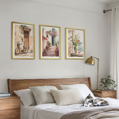 Set of 3 framed wall art pieces Streets, flowers and bicycles