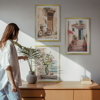 Set of 3 framed wall art pieces Streets, flowers and bicycles