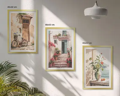 Streets, flowers and bicycles wall art set of 3 framed pieces