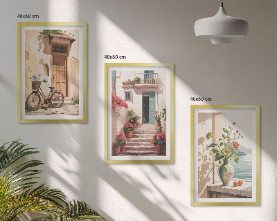 Set of 3 framed wall art pieces Streets, flowers and bicycles