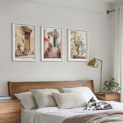 Set of 3 framed wall art pieces Streets, flowers and bicycles