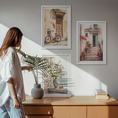 Set of 3 framed wall art pieces Streets, flowers and bicycles
