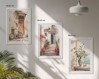 Set of 3 framed wall art pieces Streets, flowers and bicycles