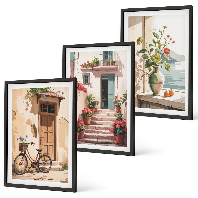 Set of 3 framed wall art pieces Streets, flowers and bicycles