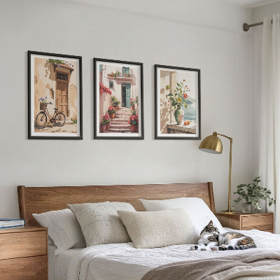 Set of 3 framed wall art pieces Streets, flowers and bicycles