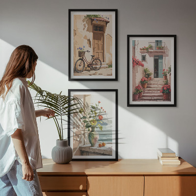 Set of 3 framed wall art pieces Streets, flowers and bicycles