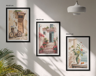 Set of 3 framed wall art pieces Streets, flowers and bicycles