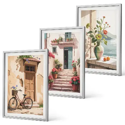 Streets, flowers and bicycles wall art set of 3 framed pieces