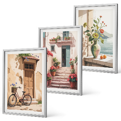 Set of 3 framed wall art pieces Streets, flowers and bicycles