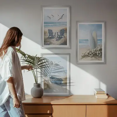 Wall art set featuring beach surfboards and birds