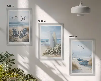 Wall art set featuring beach surfboards and birds