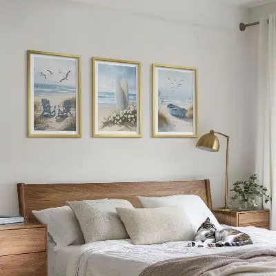 Wall art set featuring beach surfboards and birds