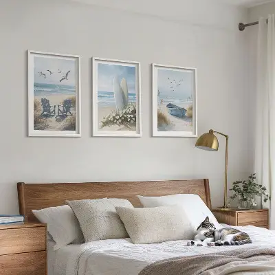 Wall art set featuring beach surfboards and birds