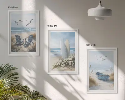 Wall art set featuring beach surfboards and birds