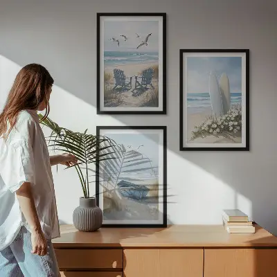 Wall art set featuring beach surfboards and birds