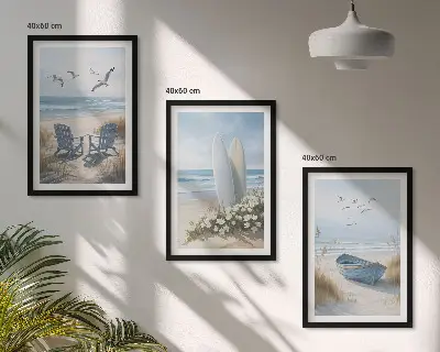 Wall art set featuring beach surfboards and birds