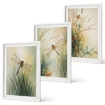 Dragonfly grasses above the water wall art three-piece set