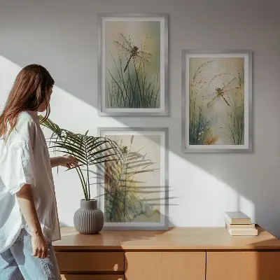 Dragonfly grasses above the water wall art three-piece set