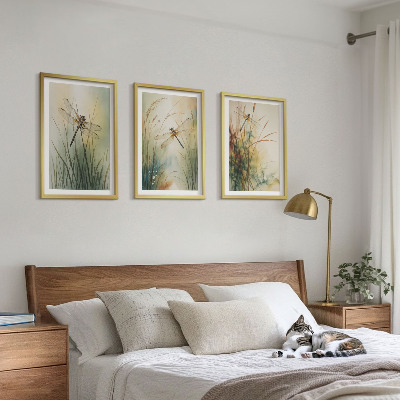 Three-piece wall art piece Dragonfly grasses above the water