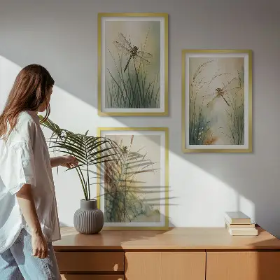 Dragonfly grasses above the water wall art three-piece set