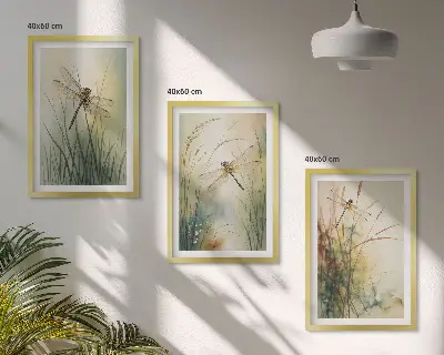 Dragonfly grasses above the water wall art three-piece set