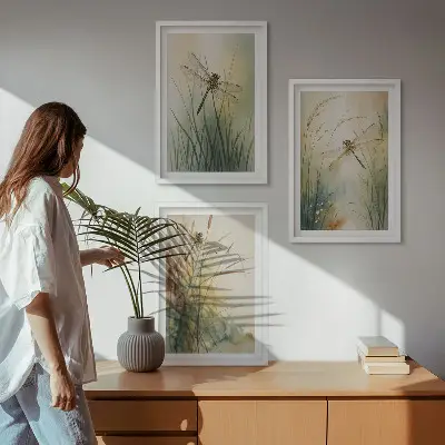 Dragonfly grasses above the water wall art three-piece set