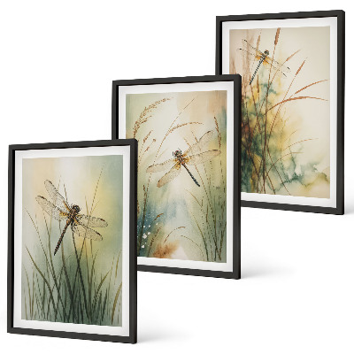 Three-piece wall art piece Dragonfly grasses above the water