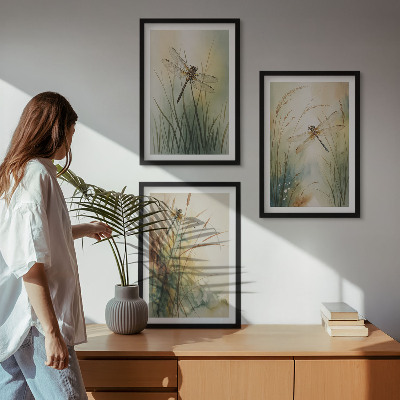 Three-piece wall art piece Dragonfly grasses above the water