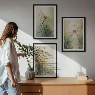Dragonfly grasses above the water wall art three-piece set