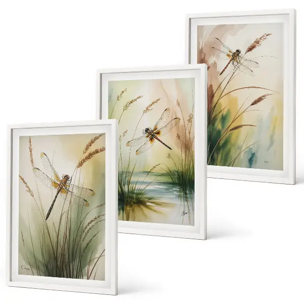 Dragonflies grass and water painting set of 3 framed wall art pieces